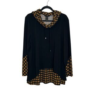 Ali Miles Cowl Neck Knit Tunic Top Size XL Black‎ Gold Gingham Check Fall Autumn